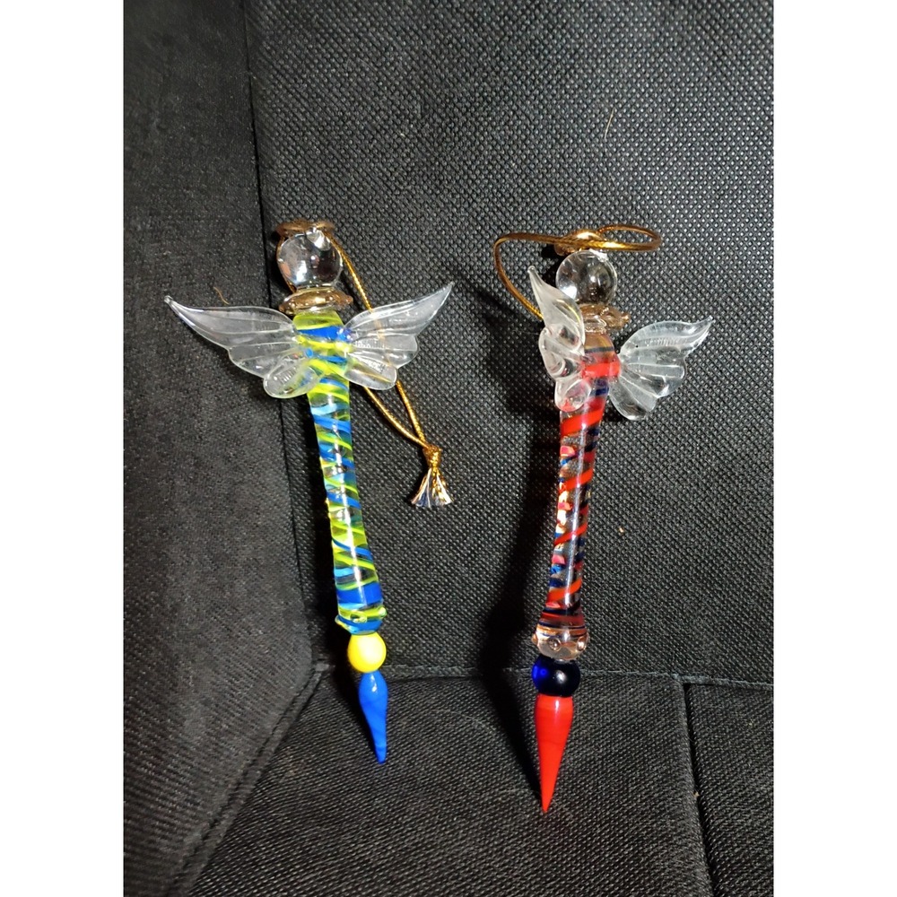 Hand Blown Glass Angel Ornaments Pair Colorful Spiral Icicle 5.25 Inch Set of 2